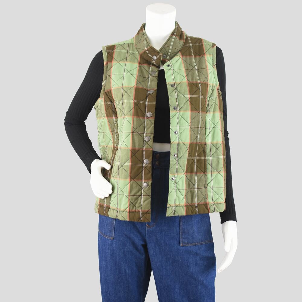 Rebecca Malone Green Plaid Quilted Sleeveless Casual Vest Women's Small